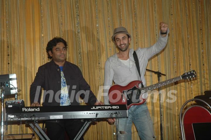 Ranbir Kapoor with A.R. Rahman for the film 'Rockstar' concert press meet at Santacruz in Mumbai