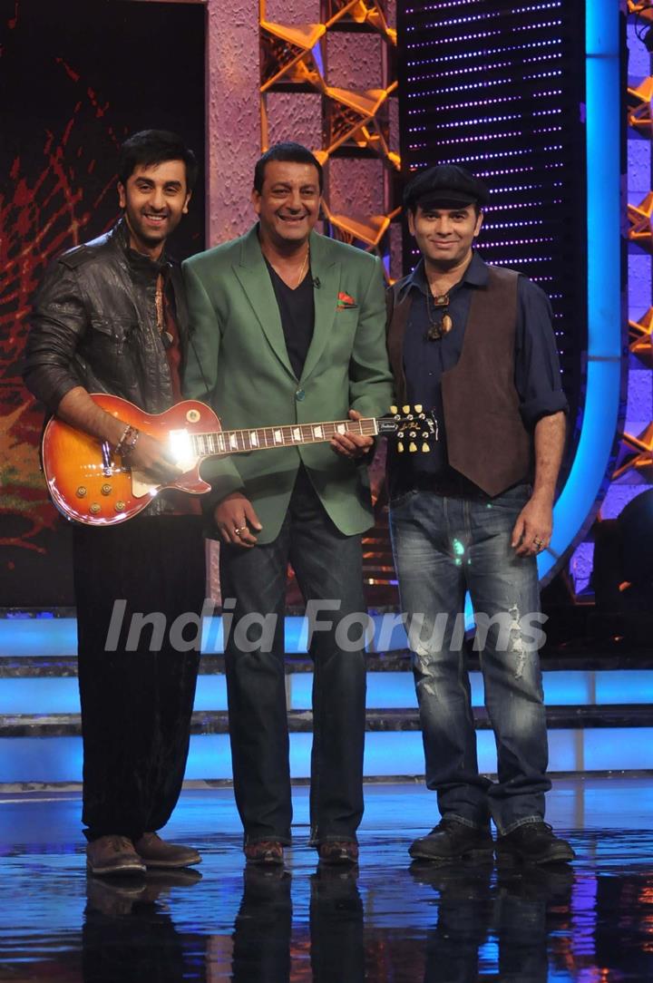 Ranbir Kapoor, Sanjay Dutt and Mohit Chauhan on the sets of Bigg Boss Season 5 at Karjat