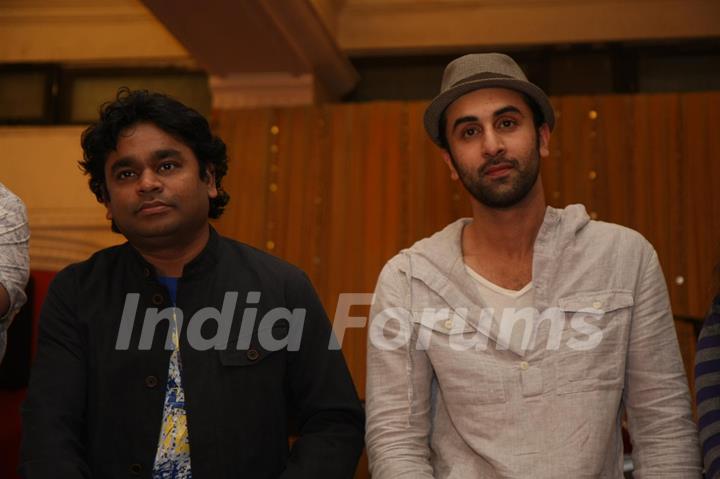 Ranbir Kapoor with A.R. Rahman for the film 'Rockstar' concert press meet at Santacruz in Mumbai