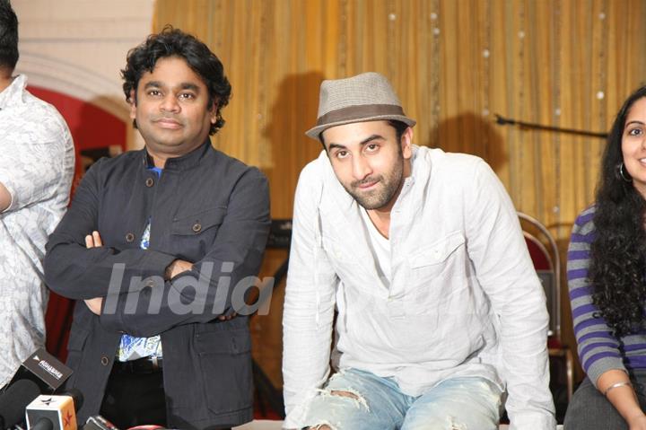 Ranbir Kapoor with A.R. Rahman for the film 'Rockstar' concert press meet at Santacruz in Mumbai