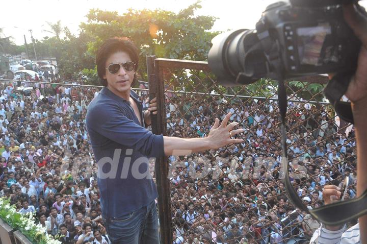 Bollywood actor Shah Rukh Khan greets fans on his 46th birthday in Mumbai Nov 2 2011. .