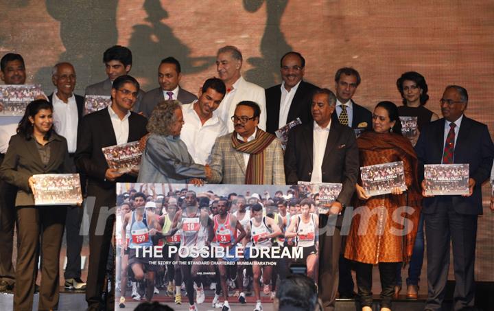 John Abraham, Rahul Bose, Dalip Tahil and Gul Panag poses during the launch of book ‘The Possible Dream’ in Mumbai