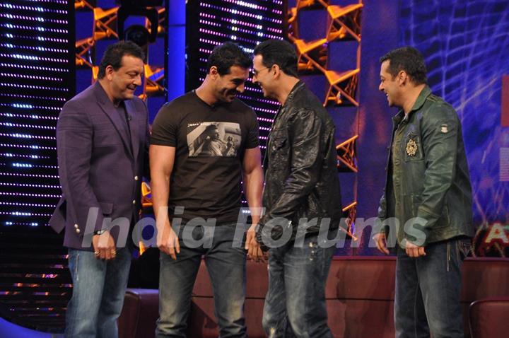 Akshay Kumar and John Abraham promote their film ‘Desi Boyz’ on the sets of Bigg Boss Season 5 with Salman Khan and Sanjay Dutt at ND Studios in Karjat