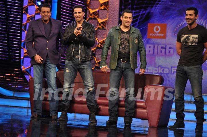 Akshay Kumar and John Abraham promote their film ‘Desi Boyz’ on the sets of Bigg Boss Season 5 with Salman Khan and Sanjay Dutt at ND Studios in Karjat