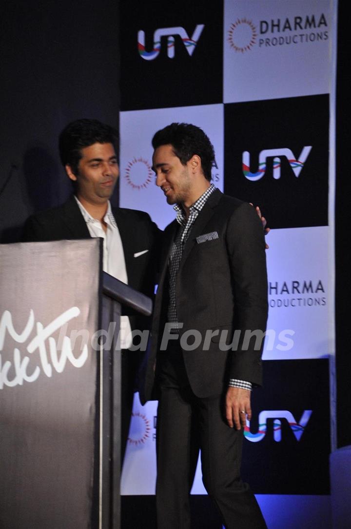 Karan Johar with Imran Khan at their film 'Ek Main Aur Ekk Tu' first look launch at Hotel Taj Lands