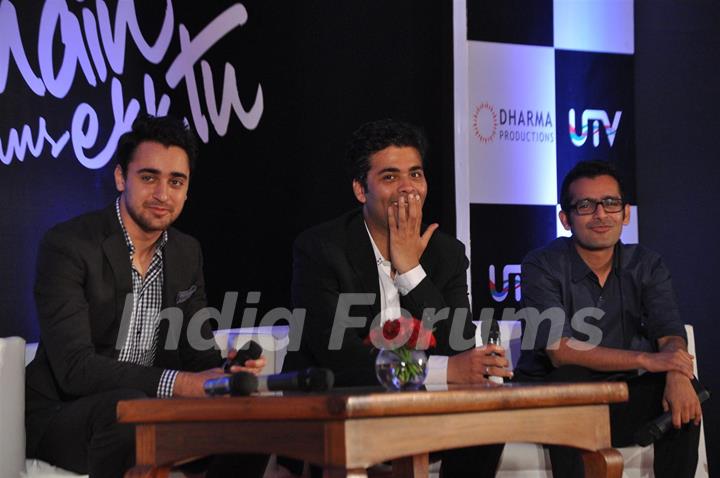 Karan Johar with Imran Khan at their film 'Ek Main Aur Ekk Tu' first look launch at Hotel Taj Lands