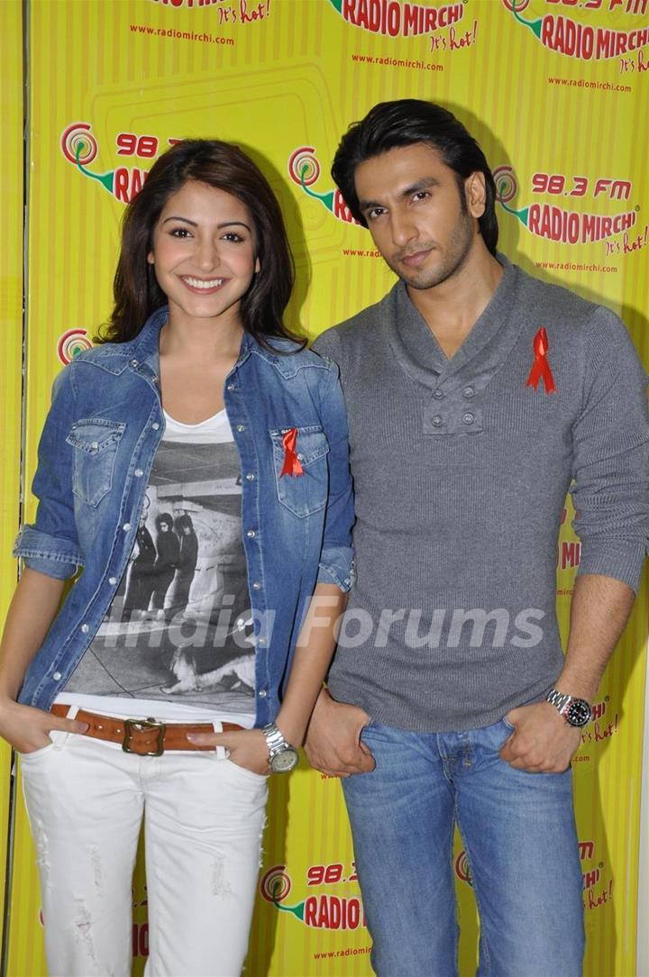 Anushaka Sharma and Ranveer Singh promote their film 'Ladies vs Ricky Bahl' at 98.3 FM Radio Mirchi studio