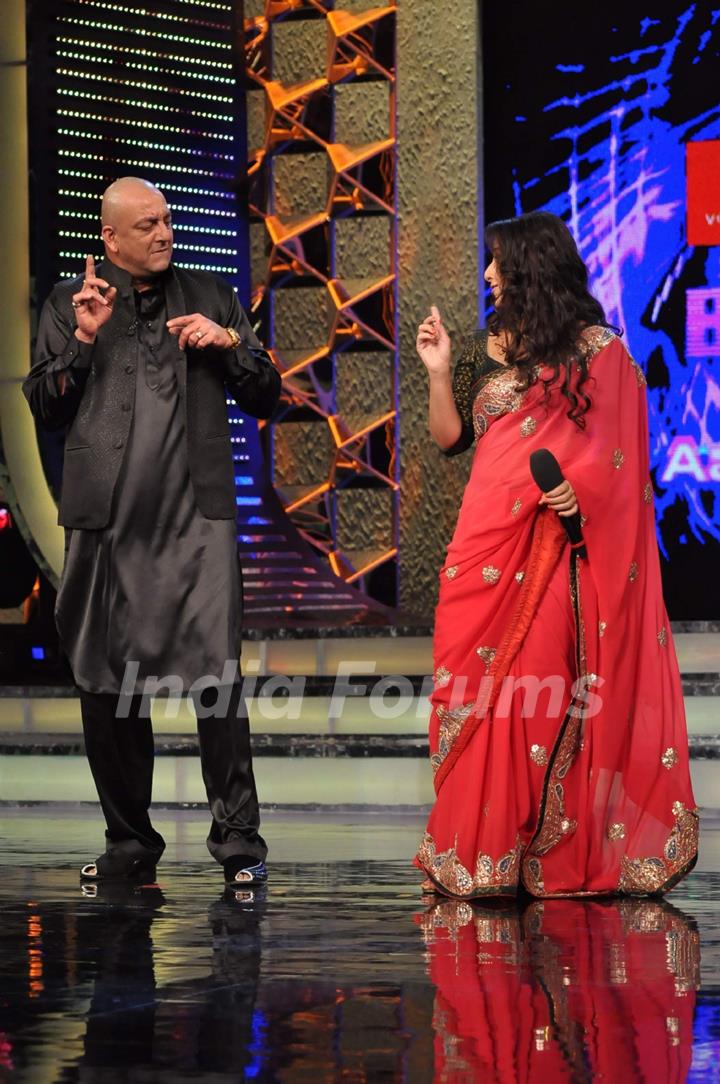 Vidya Balan with Sanjay Dutt on the set of &quot;Bigg Boss Season 5&quot; to promote her movie The Dirty Pictu