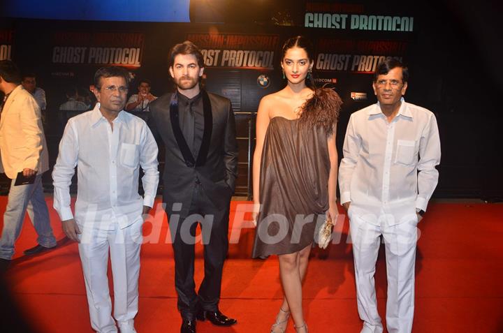 Sonam, Neil Nitin with Producers Mastan and Abbas at Mission Impossible premiere at IMAX Wadala