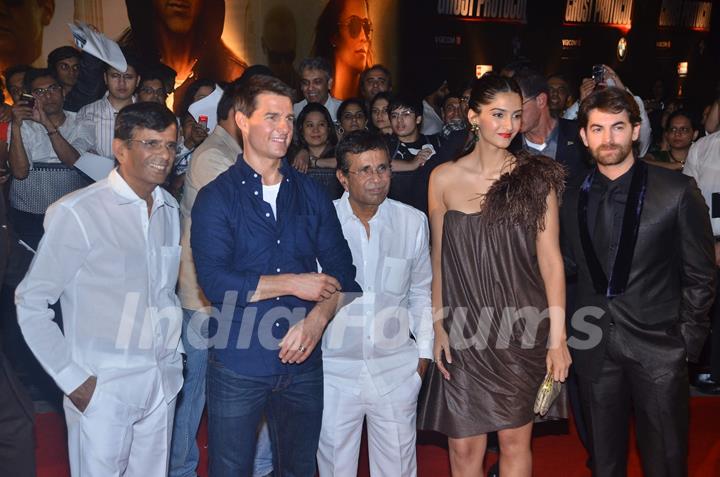 Tom Cruise, Sonam, Neil Nitin with Producers Mastan and Abbas at Mission Impossible premiere at IMAX