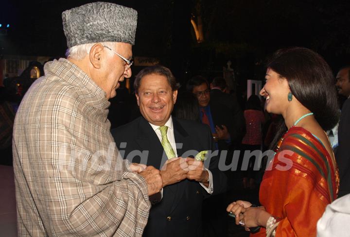Ambassador Dr Ferdinand Maultaschi and Union Minister Farooq Abdullah at the Swarovski's 10th years celebrations at Austrian Embassy,in New Delhi on Wednesday. .