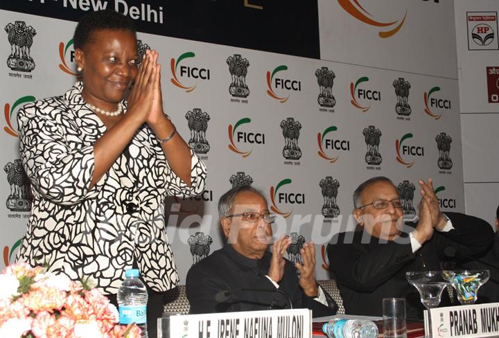 Minister of Energy Uganda Irene Nafuna Muloni with Finance Minister Pranab Mukherjee and Petrolileum Minister Jaipal Reddy at the inaugural of