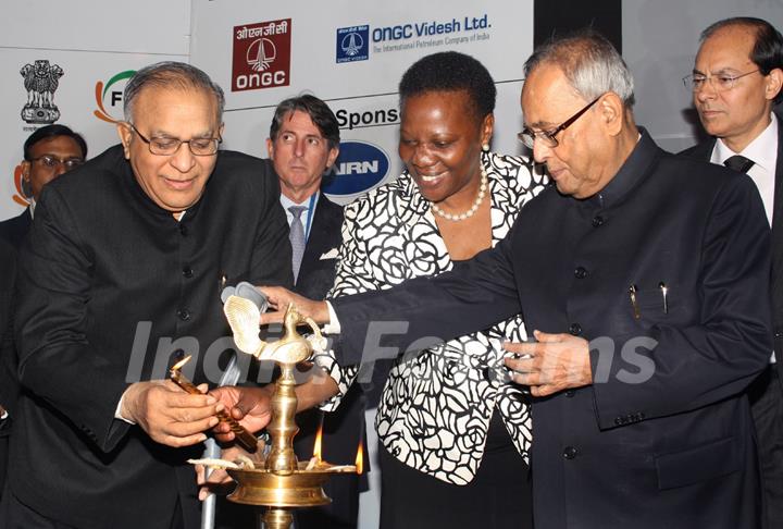 Minister of Energy Uganda Irene Nafuna Muloni with Finance Minister Pranab Mukherjee and Petrolileum