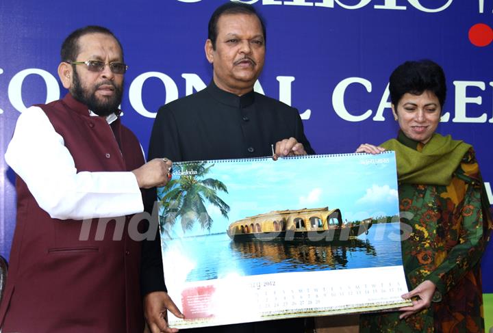 Union Tourism Minister,Subodh Kant Sahai releasing the India Promotional Calendar 2012, Union Minister for Housing and Urban Poverty Alleviation and Culture, Selja, Minister of State for Tourism, Sultan Ahmed  ,in New Delhi on Wednesday.  .