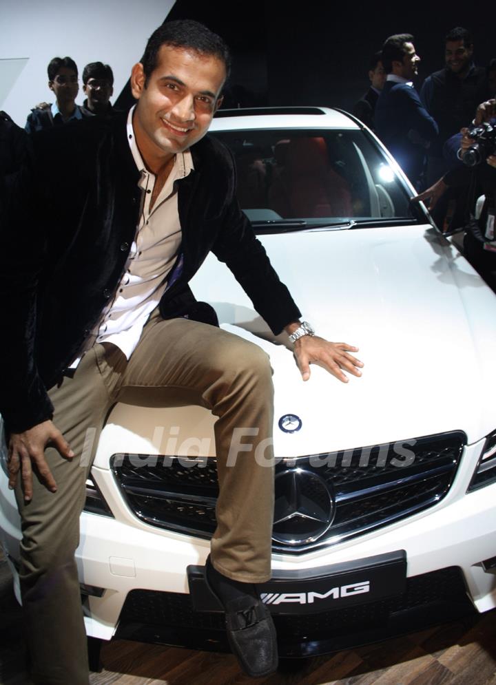 Cricketer Irfan Khan Pathan with the Mercedes, at Auto Expo 2012 in New Delhi