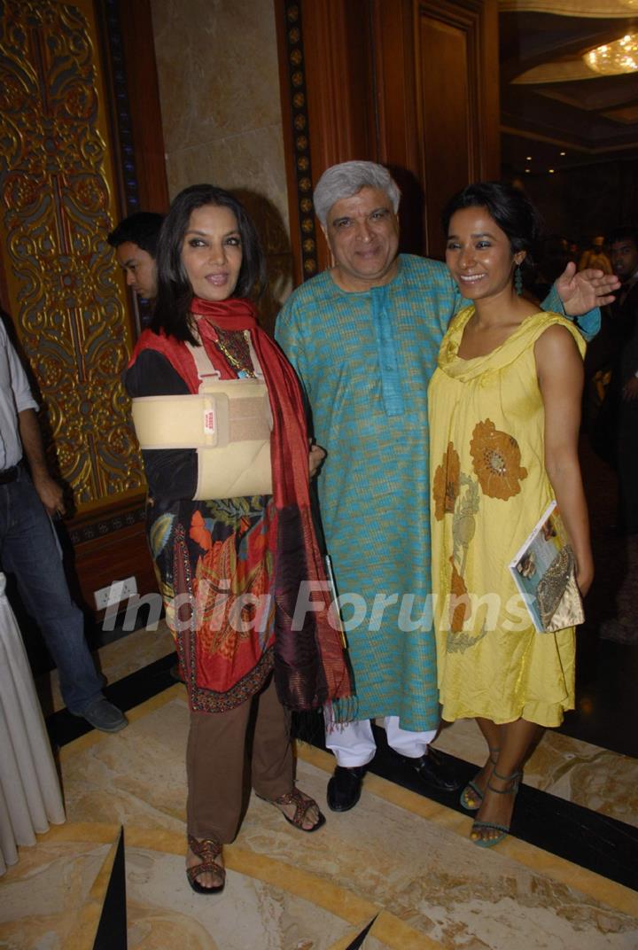 Shabana Azmi and Javed Akhtar pose during the DVD launch for the Hindi film &quot;I am Kalam&quot; in Mumbai