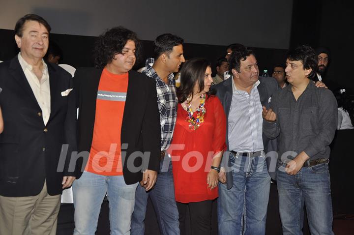 Randhir Kapoor, Rishi Kapoor Akshey Kumar, Farah Khan and Sajid Khan at Housefull 2 first look launch, Cinemax, Mumbai. .