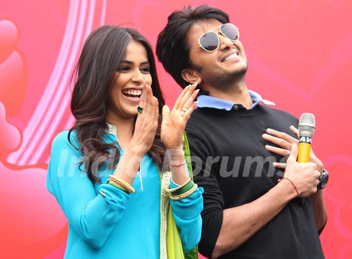 Bollywood actors Genelia D'Souza and Ritesh Deshmukh at a promotional event of their film &quot;Tere Naal Love ho Gaya&quot;, in New Delhi on  Valentine Day 14 Feb 2012. .