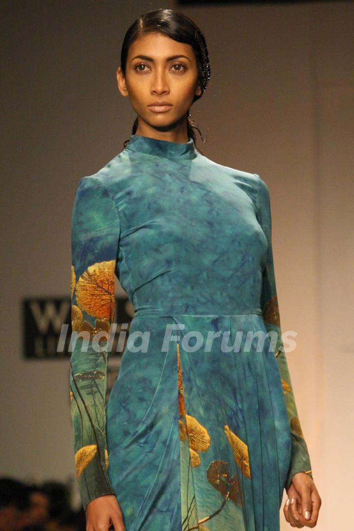 A model displays a creation by designer Anand Kabra at the Wills Lifestyle India Fashion week 2012,in New Delhi on Wednesday. .