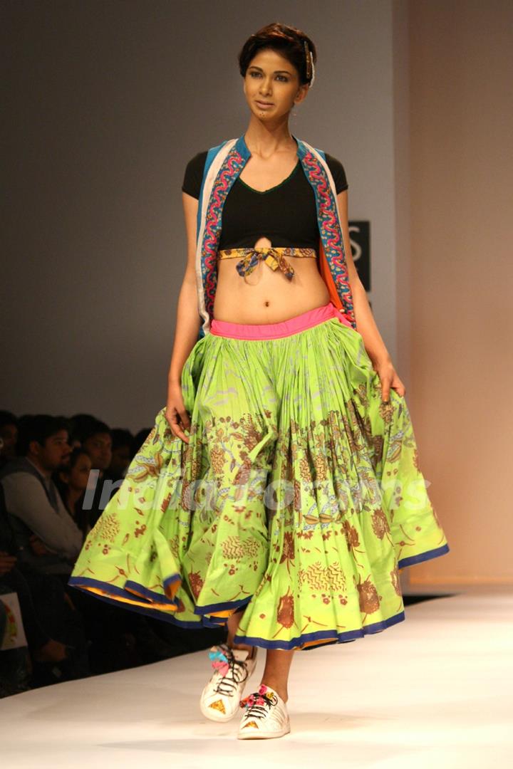 A model displays a creation by designer Anupama Dayal at the Wills Lifestyle India Fashion week 2012,in New Delhi on Wednesday. .