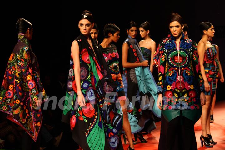 Models displays a creations by designers Pankaj and Nidhi at the Wills Lifestyle India Fashion week 2012,in New Delhi on Friday. .