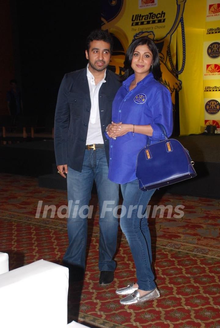 Shilpa Shetty and Rahul Dravid during the unveiling of the Rajasthan Royals Jersey at JW Marriott Hotel in Mumbai