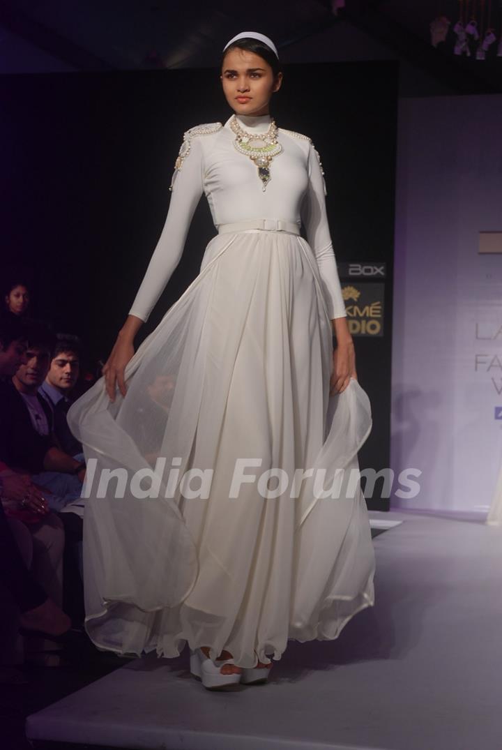 Model on the ramp for designer Nitya Bajaj on Lakme Fashion Week day 5 in Mumbai. .