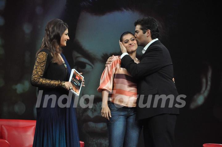 Kajol and Karan Johar on the sets of NDTV show with Raveena at Yashraj, Mumbai. .