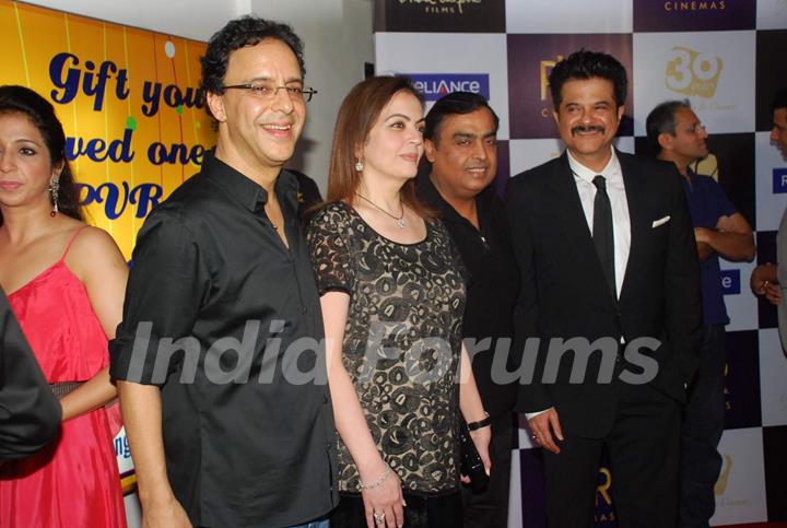 Vidhu Vinod Chopra and Anil Kapoor with Mukesh Ambani and wife Neeta Ambani at premiere of film Parinda at PVR. .