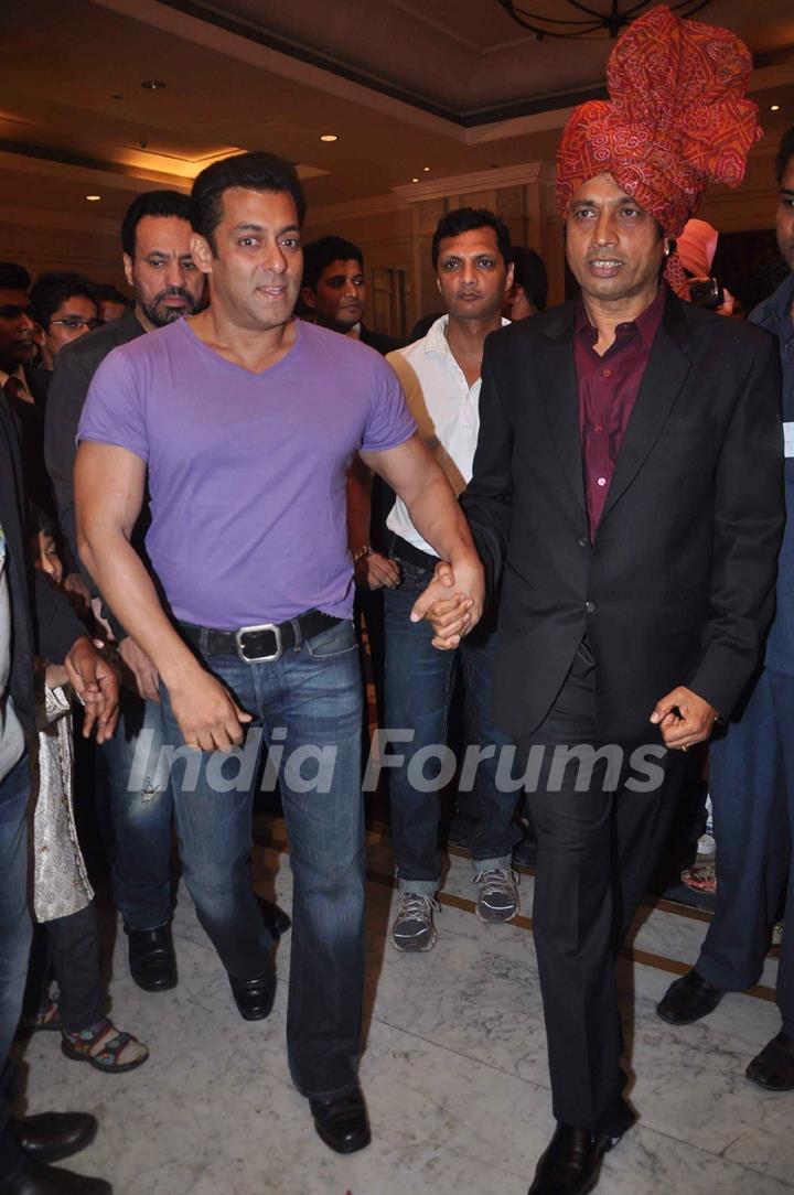 Salman Khan being welcomed by the brides father Maheendra Verma at Bappa Lahiri and Taneesha Verma wedding in Mumbai. .