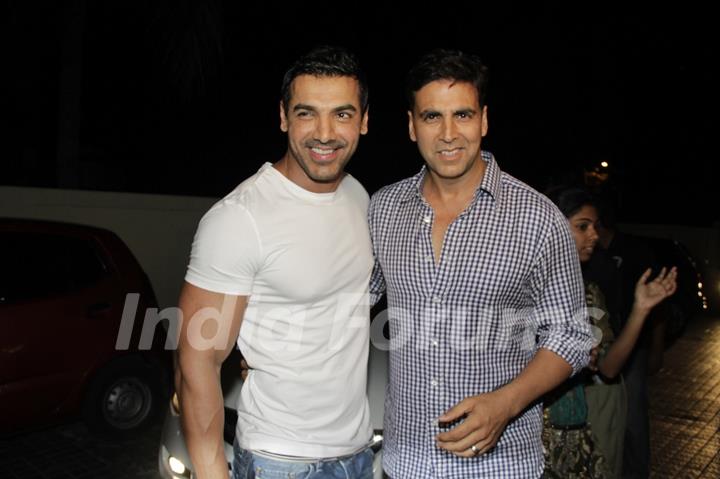 John Abraham and Akshay Kumar at Vicky Donor special screening hosted by John Abraham at PVR