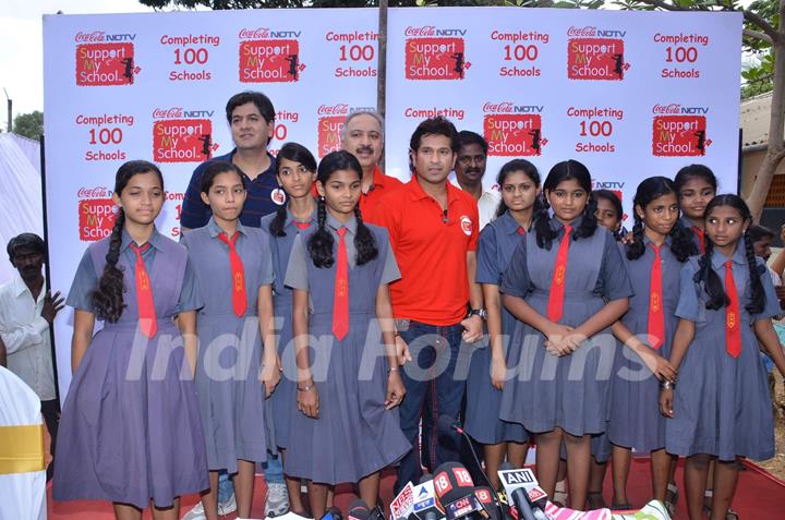 Indian cricketer Sachin Tendulkar at NDTV Coca Cola Support My School 100th school launch. .