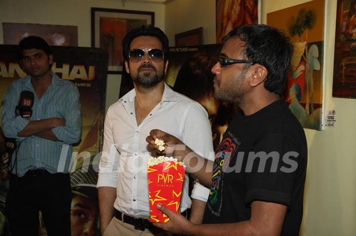 Bollywood actors Emraan Hashmi, Prosenjit Chatterjee and director Dibakar Bannerjee visit PVR Cinemas to promote their film Shanghai in Juhu, Mumbai