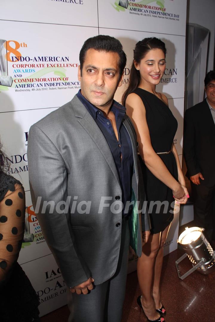 Bollywood actor Salman Khan and Nargis Fakhri were spotted at the 8th Indo-American Corporate Excellence Awards, held at Hotel Trident in Nariman Point, Mumbai. (Photo: I).