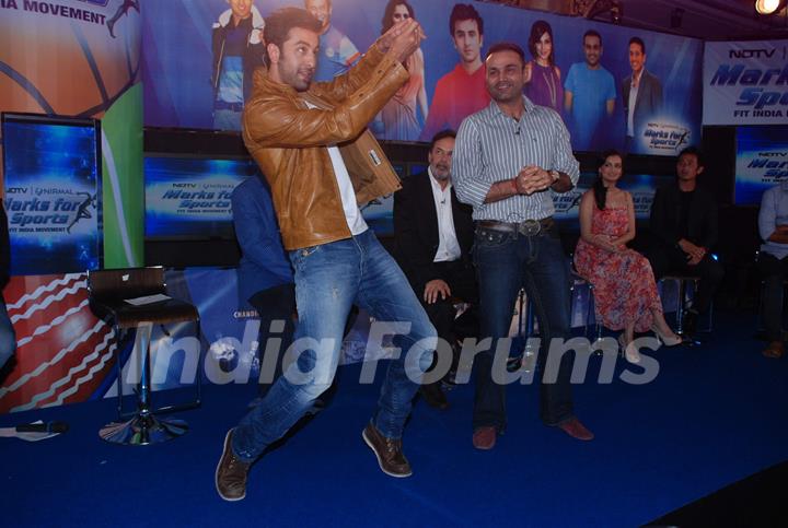 Bollywood actors Ranbir Kapoor and cricketer virender Sehwag at NDTV Marks for Sports event. .