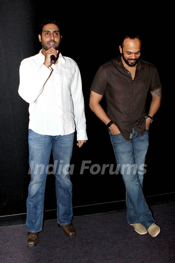 Bollywood actor Abhishek Bachchan and director Rohit Shetty visited Cinemax, Kandivali in Mumbai, to check the audience reaction to their recently released film 'Bol Bachchan'. .