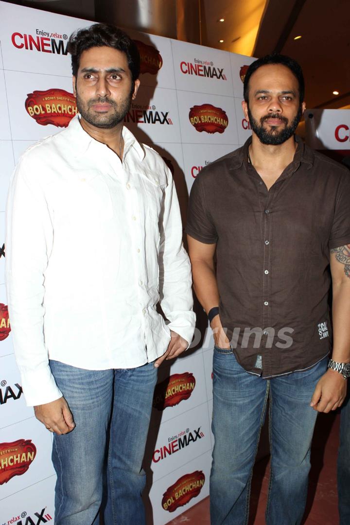 Bollywood actor Abhishek Bachchan and director Rohit Shetty visited Cinemax, Kandivali in Mumbai, to check the audience reaction to their recently released film 'Bol Bachchan'. .