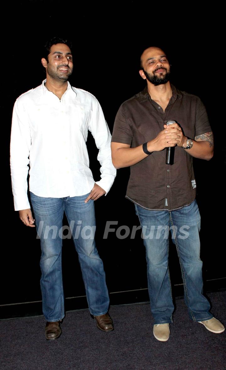 Bollywood actor Abhishek Bachchan and director Rohit Shetty visited Cinemax, Kandivali in Mumbai, to check the audience reaction to their recently released film 'Bol Bachchan'. .