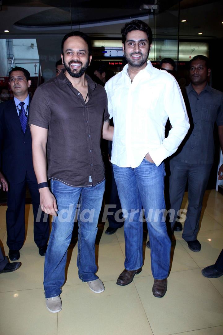 Bollywood actor Abhishek Bachchan and director Rohit Shetty visited Cinemax, Kandivali in Mumbai, to check the audience reaction to their recently released film 'Bol Bachchan'. .