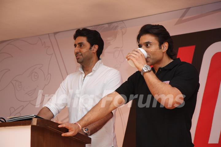 Abhishek Bachchan and Uday Chopra during the launch of Yomics