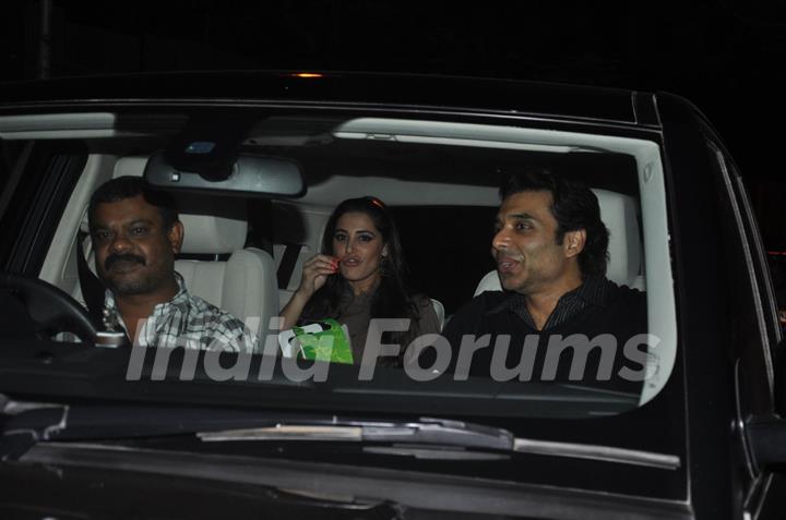 Uday Chopra with Nargis Fakhri and Jugal Hansraj at PVR Cinemas to watch Hollywood film The Dark Knight Rises