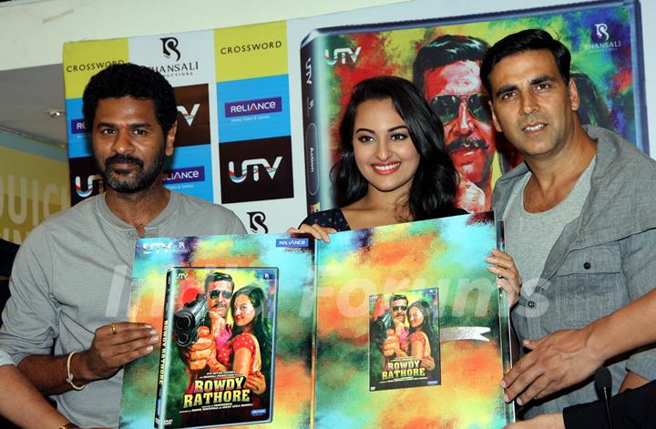 Prabhu Deva, Sonakshi Sinha and Akshay Kumar at DVD launch of 'Rowdy Rathore'