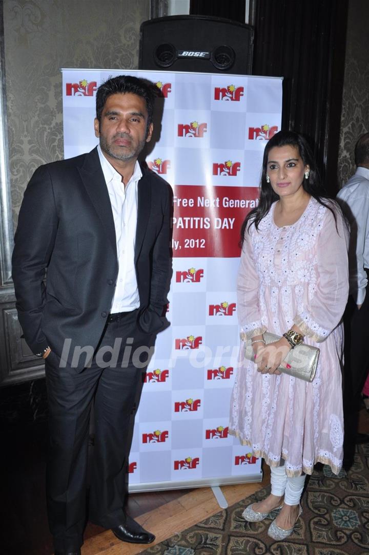 Bollywood actor Sunil Shetty with wife Mana Shetty attend a Press Conference on Hepatitis B in Mumbai