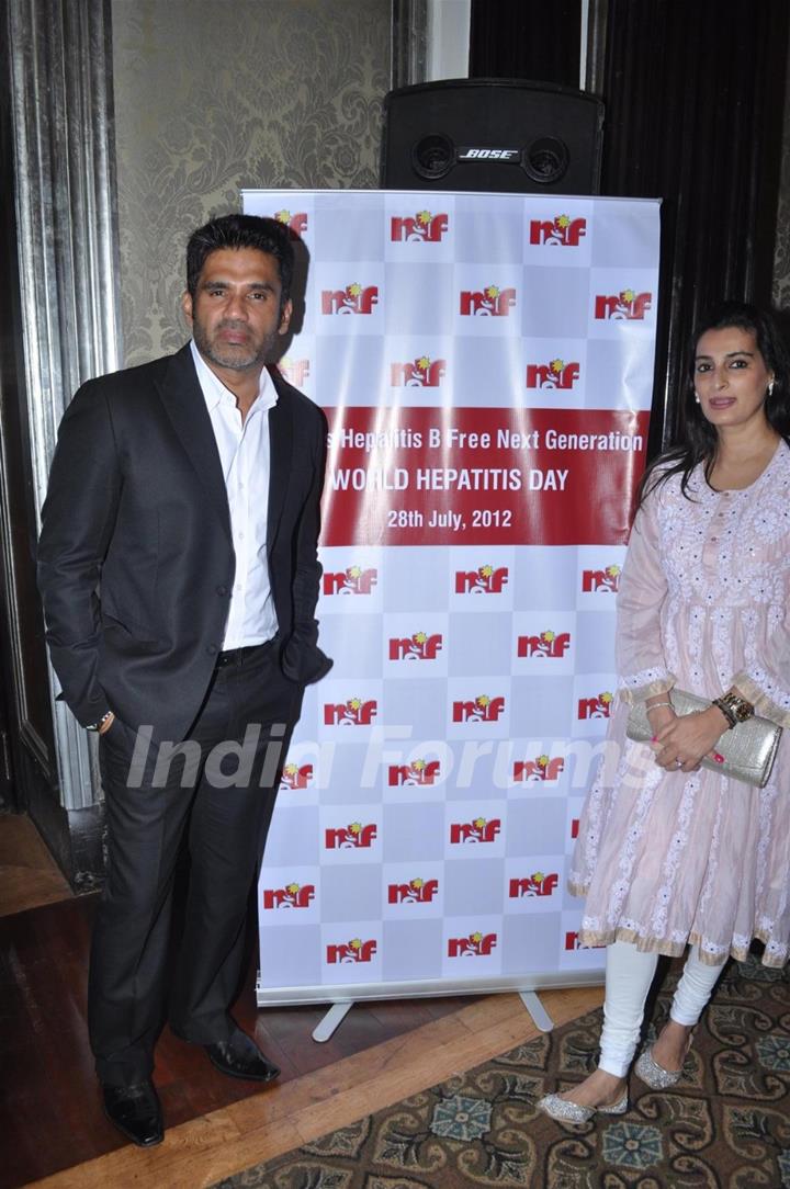 Bollywood actor Sunil Shetty with wife Mana Shetty attend a Press Conference on Hepatitis B in Mumbai