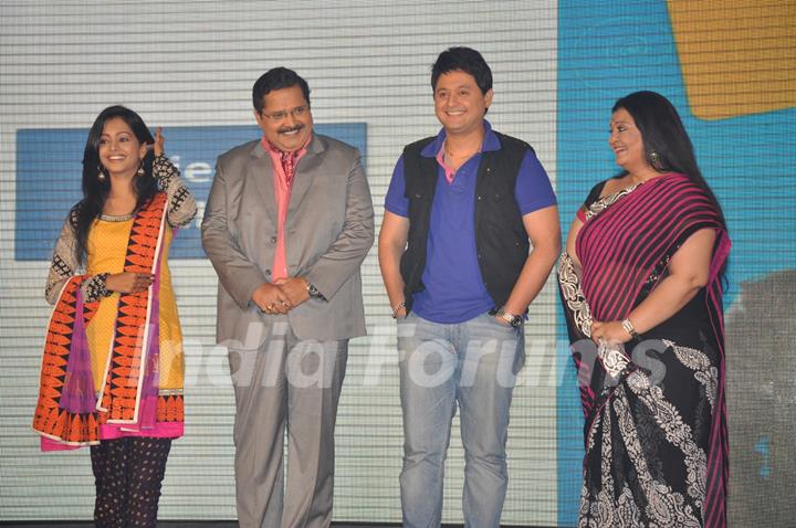 Indian tv actors Tiku Talsania, Aparna Mehta and Swapnil Joshi at SAB TV launches Golmaal Hai Sab Golmaal Hain in J W Marriott, Mumbai. .