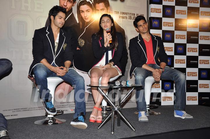 Bollywood actors Varun Dhawan, Alia Bhatt and Siddharth Malhotra at Student Of The Year First Look Trailer launch in PVR, Mumbai. .