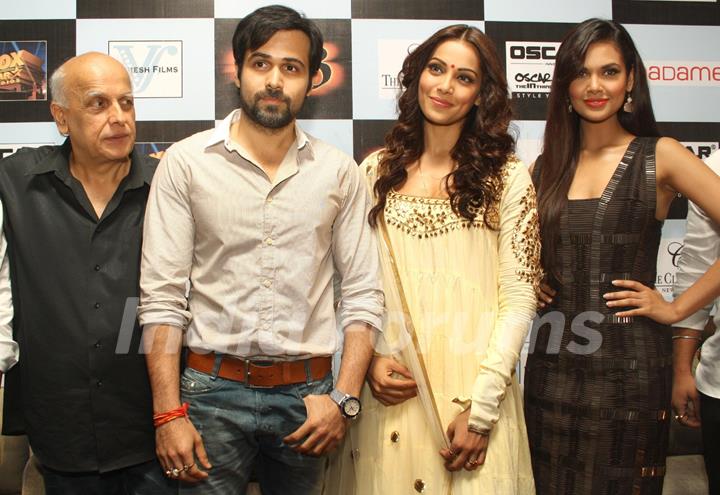 Bollywood actors Emraan Hashmi, Bipasha Basu, Esha Gupta and film producer Mahesh Bhatt at a press meet for the film Raaz-3 in New Delhi .