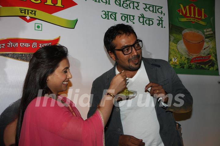 Bollywood actress Rani Mukherji with Director Anurag Kashyap promoting Aiyyaa with Chaha Poha (Tea and Maharashtrian Snack Poha) at Wagh Bakri Tea Lounge in Mumbai