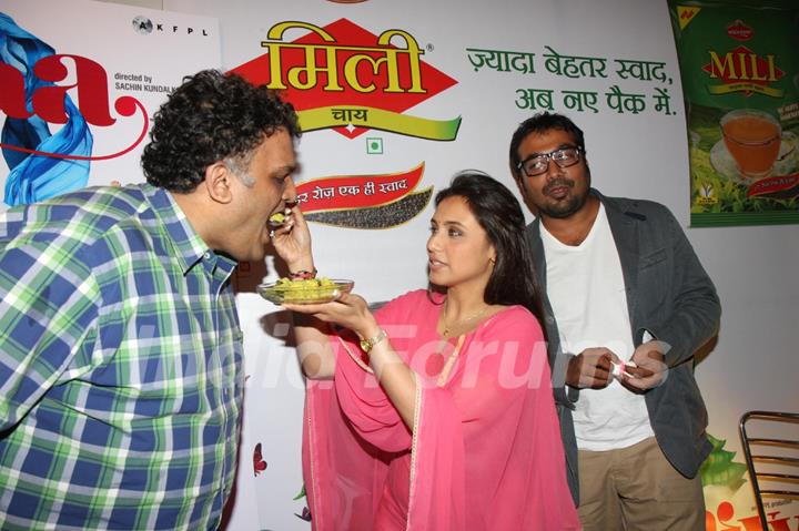 Bollywood actress Rani Mukherji with Director Anurag Kashyap promoting Aiyyaa with Chaha Poha (Tea and Maharashtrian Snack Poha) at Wagh Bakri Tea Lounge in Mumbai