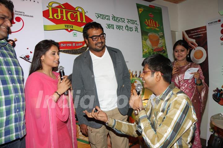 Bollywood actress Rani Mukherji with Director Anurag Kashyap promoting Aiyyaa with Chaha Poha (Tea and Maharashtrian Snack Poha) at Wagh Bakri Tea Lounge in Mumbai